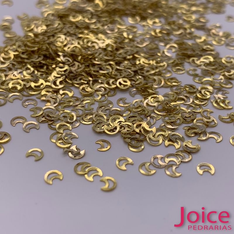 xr:d:DAFLAofDNuE:652,j:38904677259,t:22102414 Metal de Jóias para Unhas Lua Vazado Liso 3mm C/1000Un Ref: N11-Dourado - Imagem 1